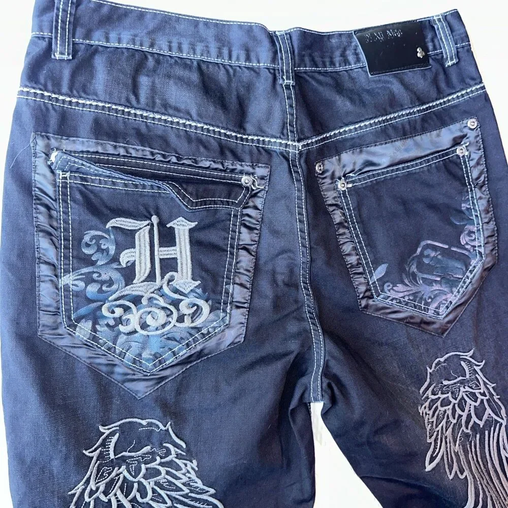 Play Bigg Jeans Mens 36 Black Wing Graphic Embroidered Baggy Skater Y2K Black